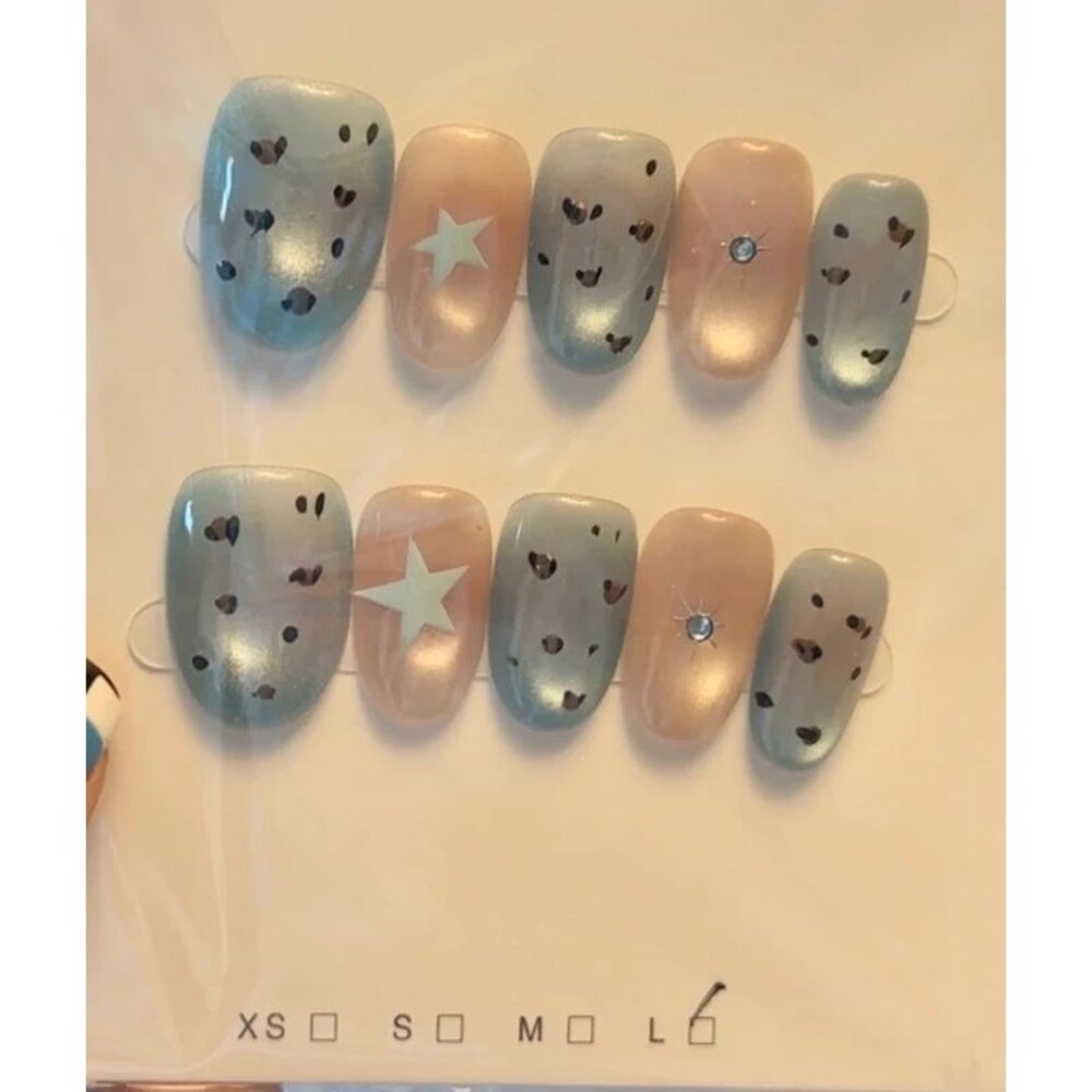 Blue/Brown Polka Dot Star Short Oval Press On Nails Size Large
